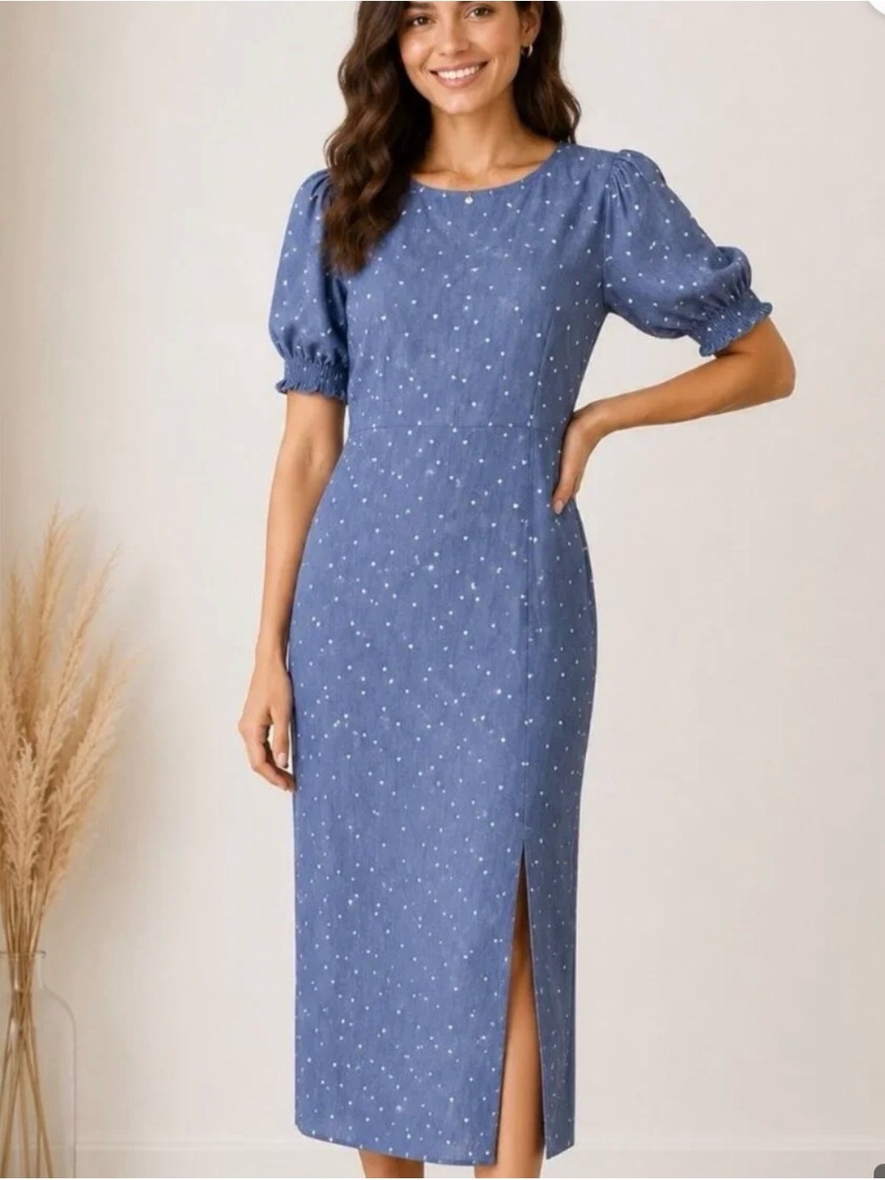Loft Heart Print Midi Dress Blue White Size 2 Cottagecore Career Cocktail